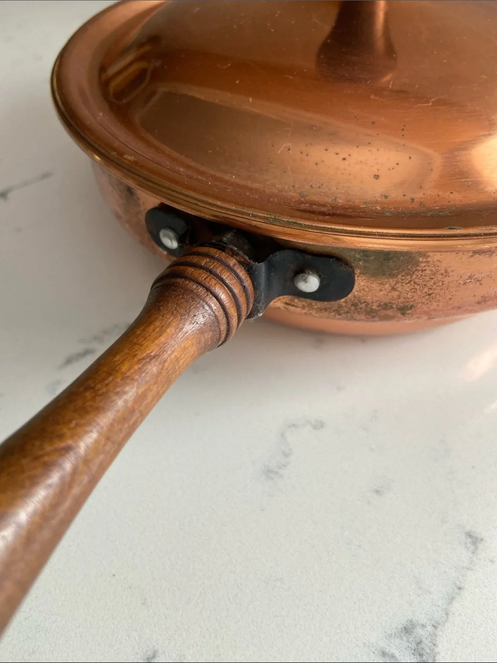 Vintage Copper Aluminum Lidded Skillet Wood Handle 7